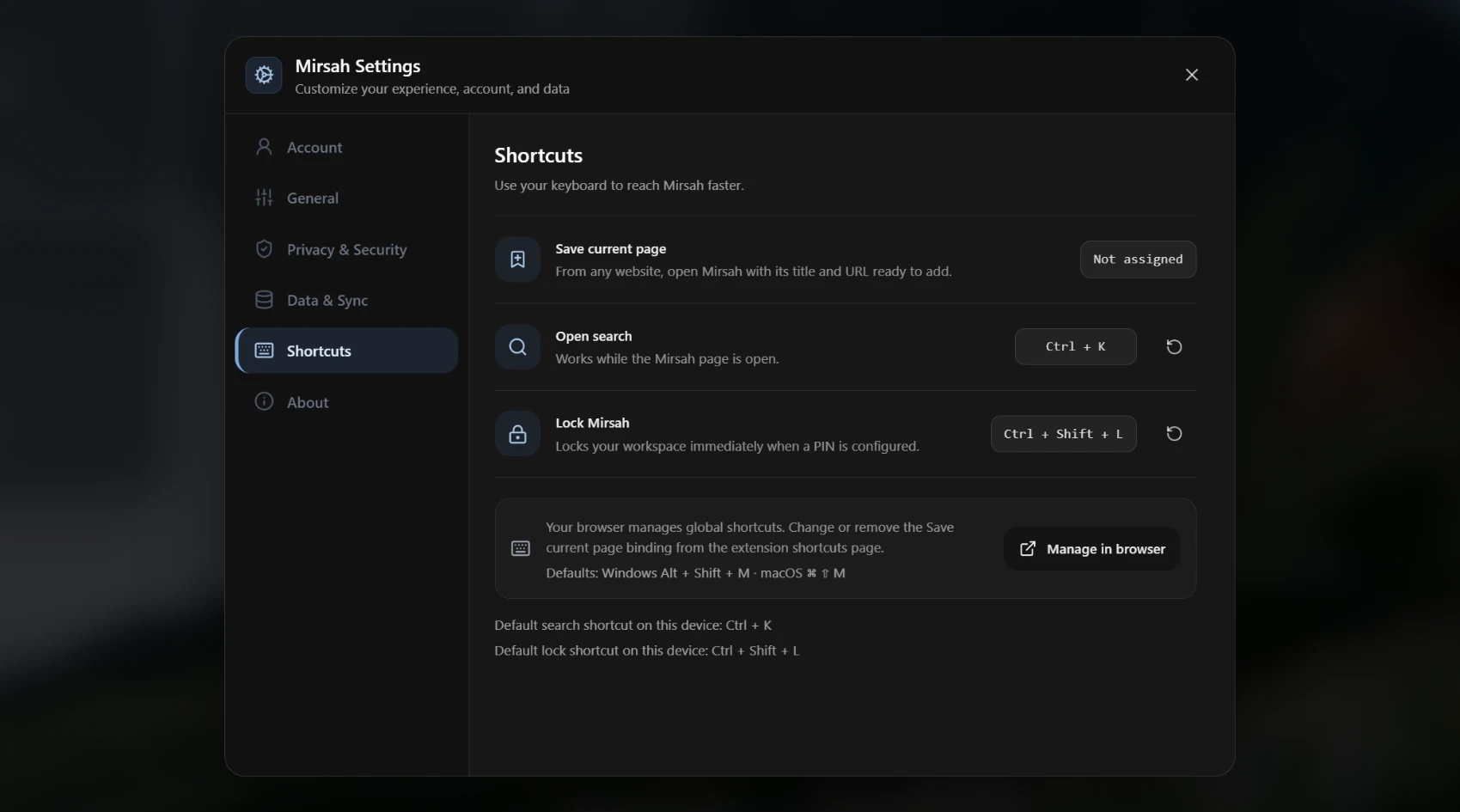 Mirsah Shortcuts settings